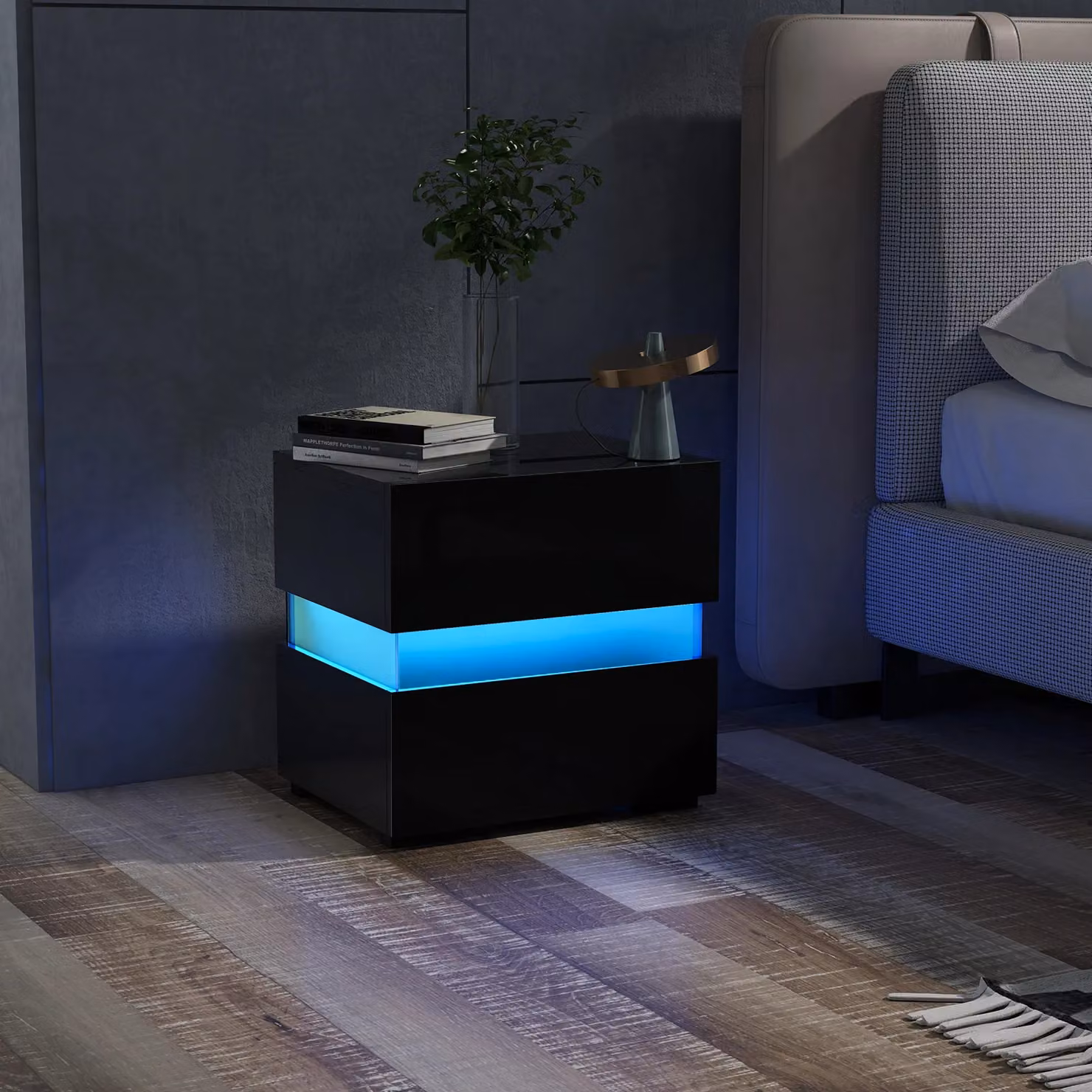 Costway LED Bedside Table with 2 Drawers and Remote Control, Black – 4