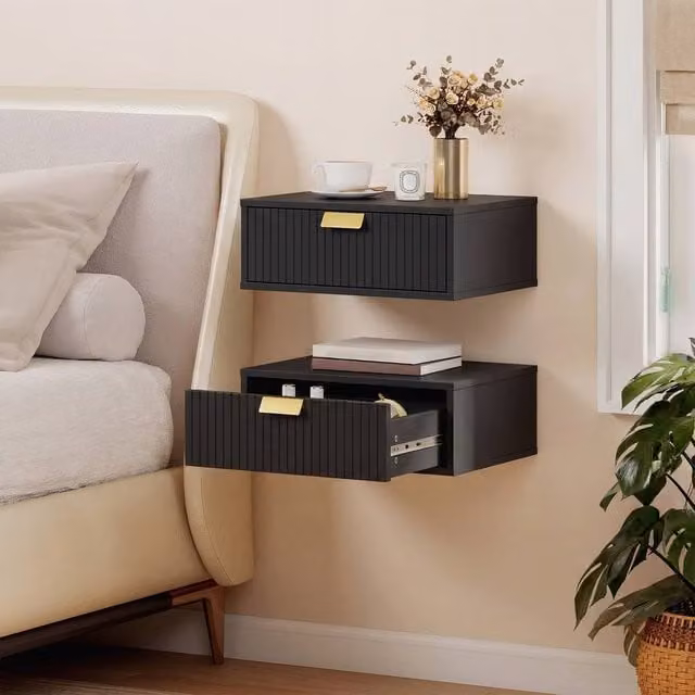 HOMCOM Set of 2 Modern Floating Nightstands in Black, W/D/H: 40 x 30 x 15 cm