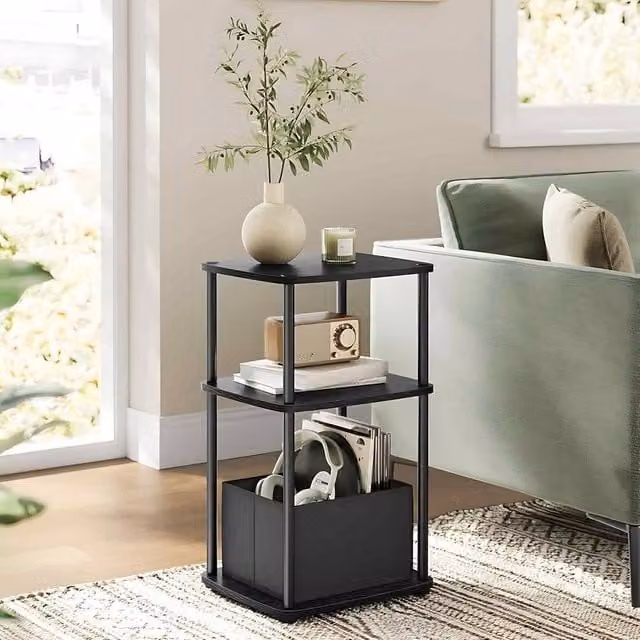 The Bazaarist 3 Tier Side Table with Fabric Basket Storage in Black