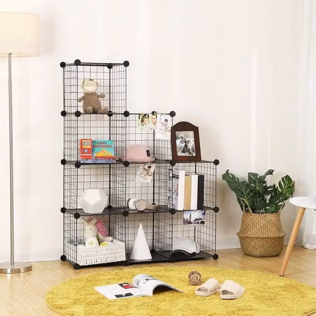 SONGMICS 9-Cube Freestanding Metal Mesh Storage Shelves with Black PP Plastic Sheets – 1