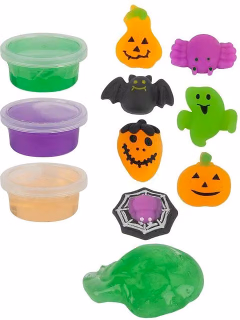 VFM e-Store Halloween Slime with Toy Accessories, 12 Pack, Orange, Green and Purple – 1