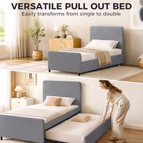 HOMCOM Upholstered Single Bed Frame with Trundle in Grey, W/D/H: 90 x 190 x 95 cm – 3