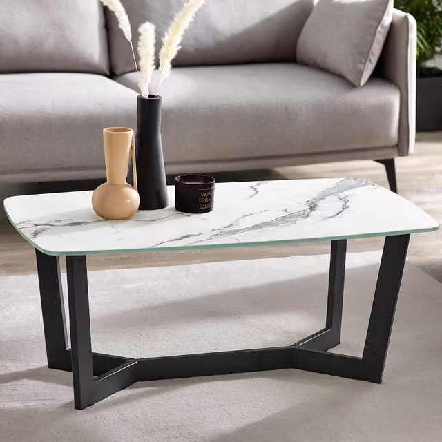 Julian Bowen Olympus Rectangular Glass Coffee Table with White and Black Abstract Marble Effect and Sled Base