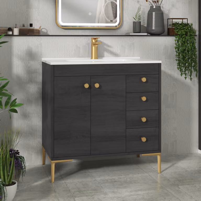 Royal Bathrooms Verona 800mm Black Woodgrain Floor Standing Bathroom Vanity Unit with Ceramic Basin, 2 Doors and 4 Drawers