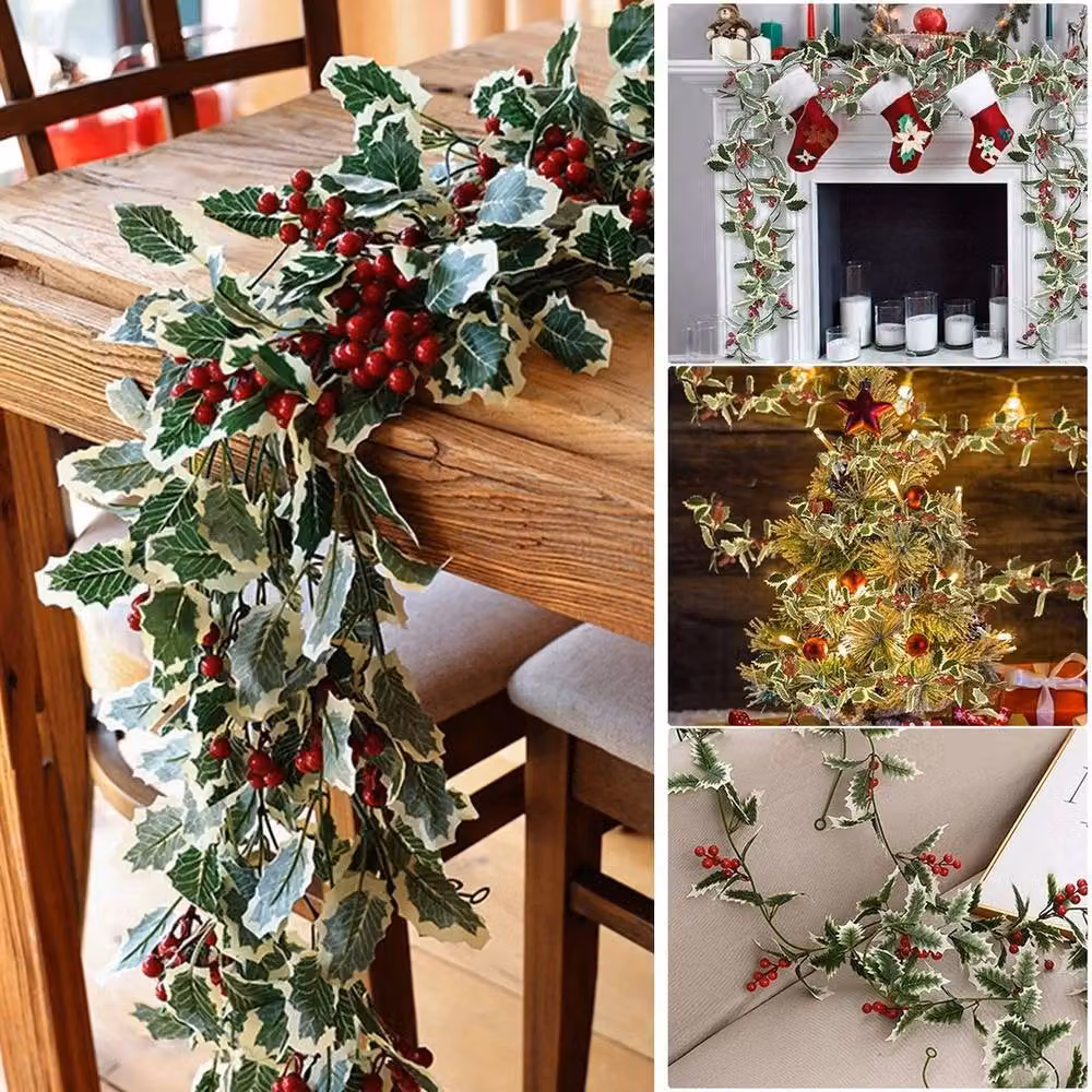 PAWNORA 2m Green Holly Leaf Christmas Garland – 3