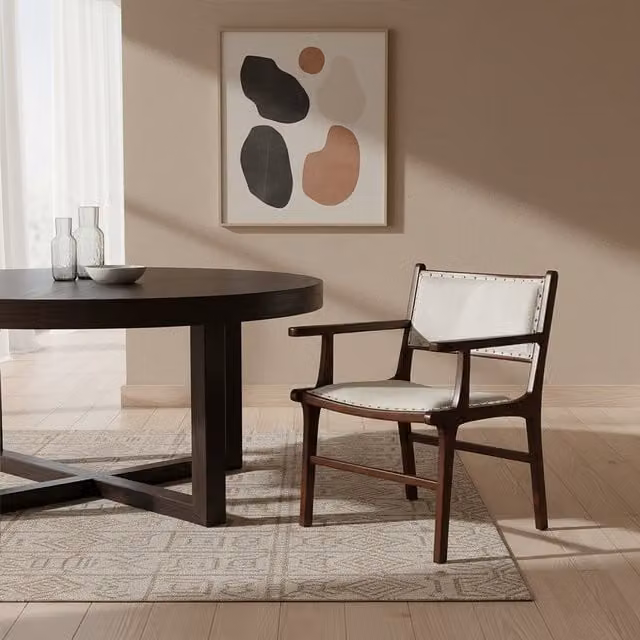 Fifty Five South Mid-Century Teak Wood and Leather Dining Chair with Armrests in Brown and Beige
