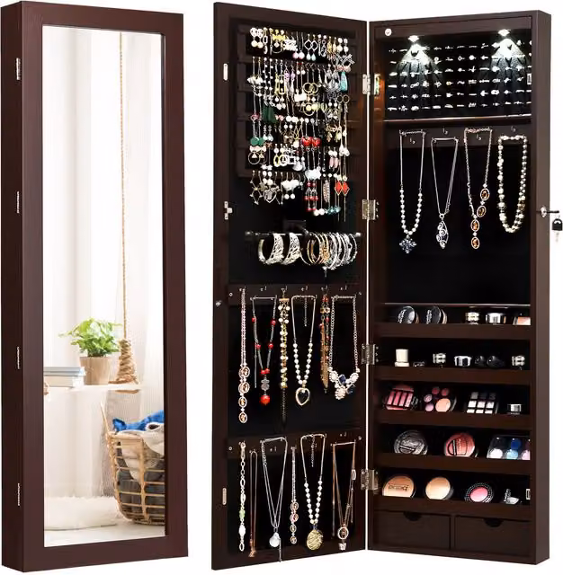 COSTWAY Lockable Brown Wooden Jewellery Cabinet with LED Lighting and Internal Drawers