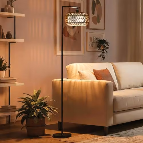 HOMCOM Boho Dimmable LED Floor Lamp with Remote Control and Foot Switch, Black, H 170 cm x W 33 cm x D 33 cm