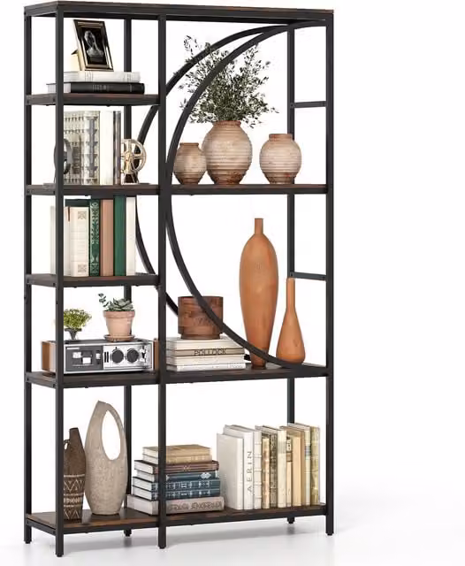 COSTWAY 6-Tier Tall Geometric Display Shelf in Brown and Black Metal