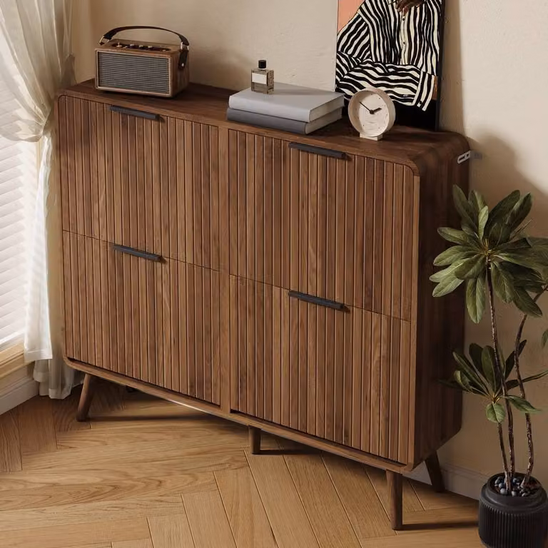 Merax Slimline Fluted Walnut Shoe Cabinet in Brown with Four Tilting Flip Doors, H 90 cm x W 105 cm x D 24 cm