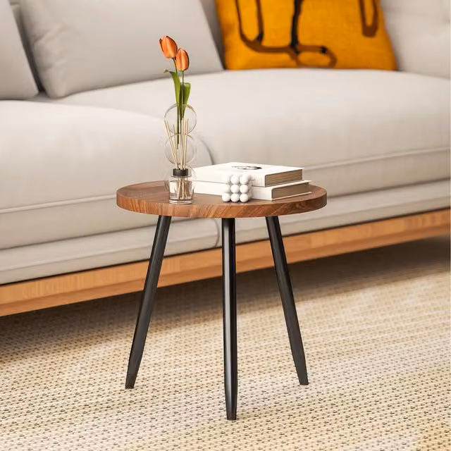 HOMCOM Modern Round Side Coffee Table in Black and Brown Wood Effect