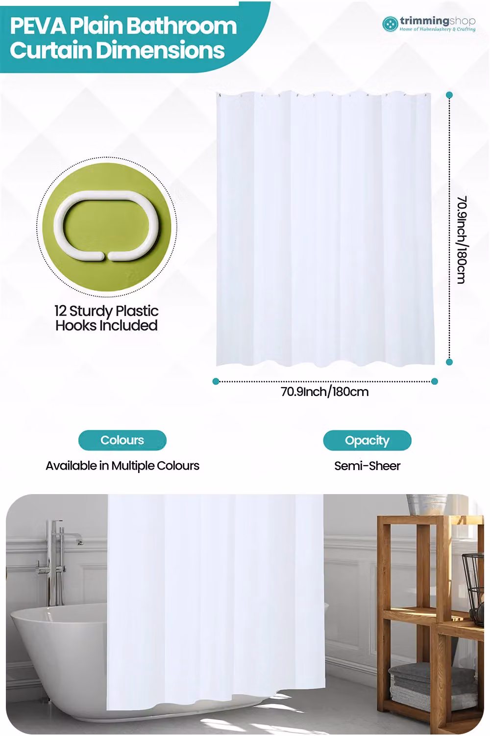 Neel Blue Waterproof PEVA Shower Curtain in White with 12 Hooks, Mould and Mildew Resistant, W/D/H: 180 x 180 x 0 cm