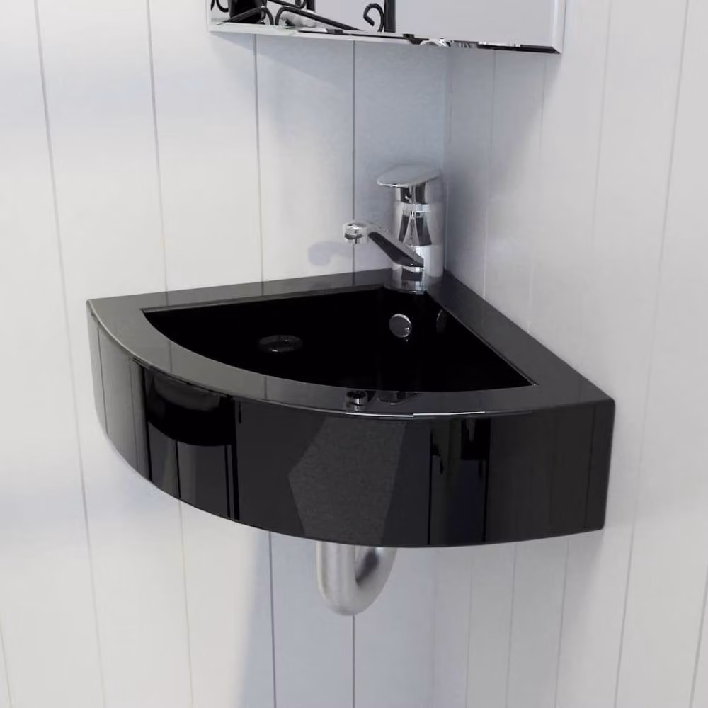 Berkfield Home Black Ceramic Corner Countertop Wash Basin with Overflow W/D/H: 45 x 32 x 12.5 cm – 1