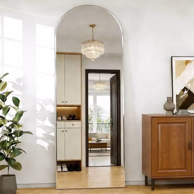 CASSILANDO Silver Arched Full Length Mirror with LED Wall Light, HD Shatterproof Glass, H 162 cm x W 53 cm x D 1.4 cm