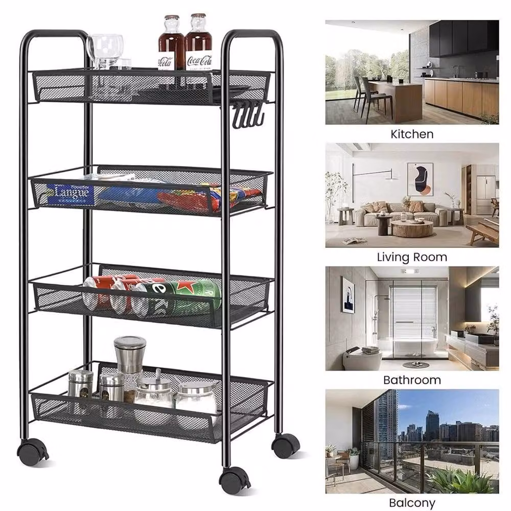 FLAVORA 4-Tier Rolling Metal Kitchen Vegetable Storage Trolley Cart in Matt Black – 3