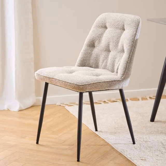 Furniture To Go Brooke Dining Chair Set of 2 in Beige Bouclé Fabric with Black Metal Legs