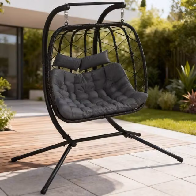 ERGOVEXA Two-Seater Hanging Egg Chair with Steel Frame, Black, H 189 x W 132 x D 132 cm