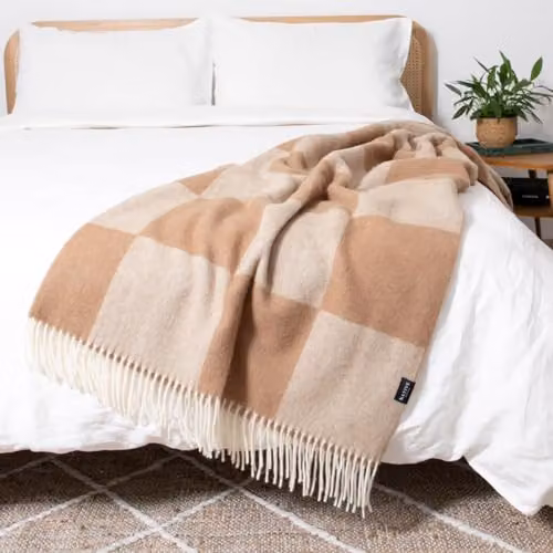 Simply Sheepskin Beige Checkerboard Jacquard Woven New Zealand Wool Blanket, W: 140 cm, L: 200 cm – 2