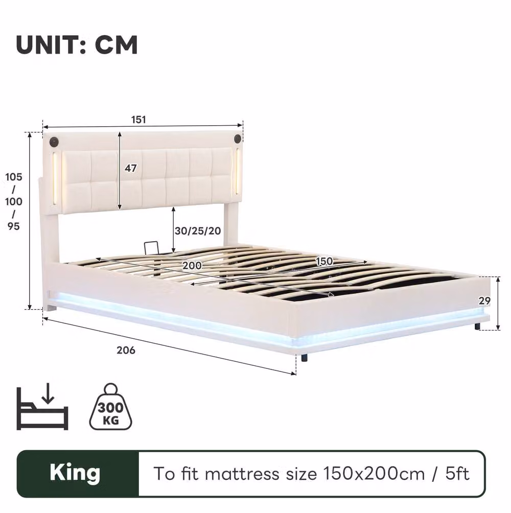 STILVORA King Ottoman Bed in Beige Velvet with LED Lighting, USB Charging Port and Integrated Reading Light, W/D/H: 180 x 200 cm – 2