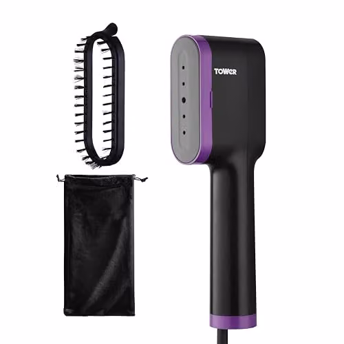 Tower Ceraglide Handheld Garment Steamer with Ceramic Soleplate and Brush Attachment, 1400W, Black, Petrol and Purple – 1
