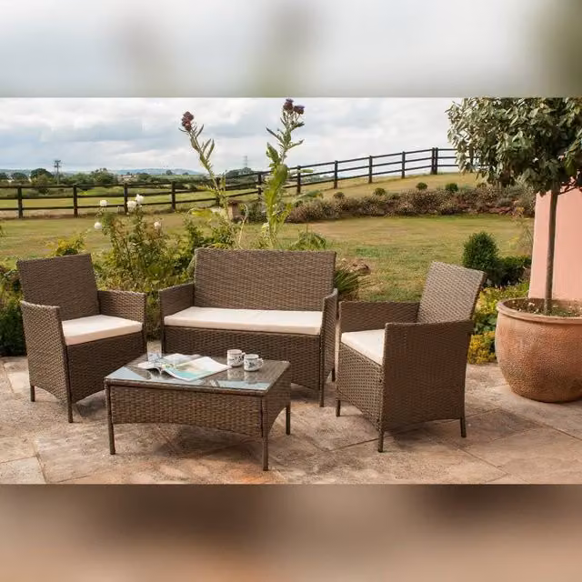 Comfy Living Ltd 4 Piece Brown Rattan Garden Patio Furniture Set with Cream Cushions and Glass Top