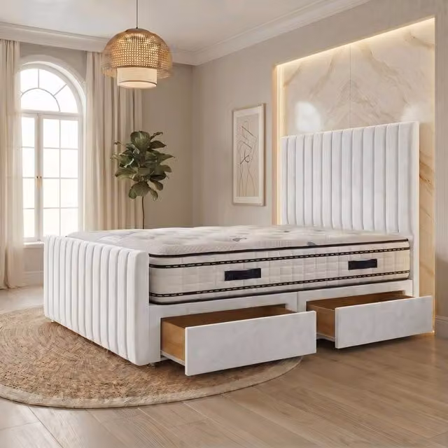 Somnior Eleanor White Velvet Divan Bed with 2 Drawers, Hybrid Mattress, 54 inch Headboard and 22 inch Footboard, W/D/H: 140 x 200 cm