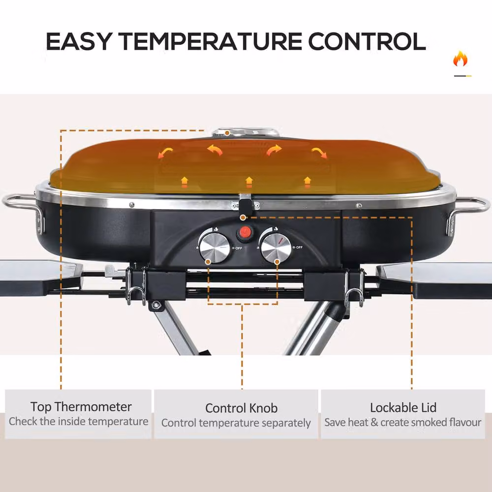 Rolipo Foldable 2 Burner Gas BBQ Grill with Lid, Thermometer and Wheels, Black – 5