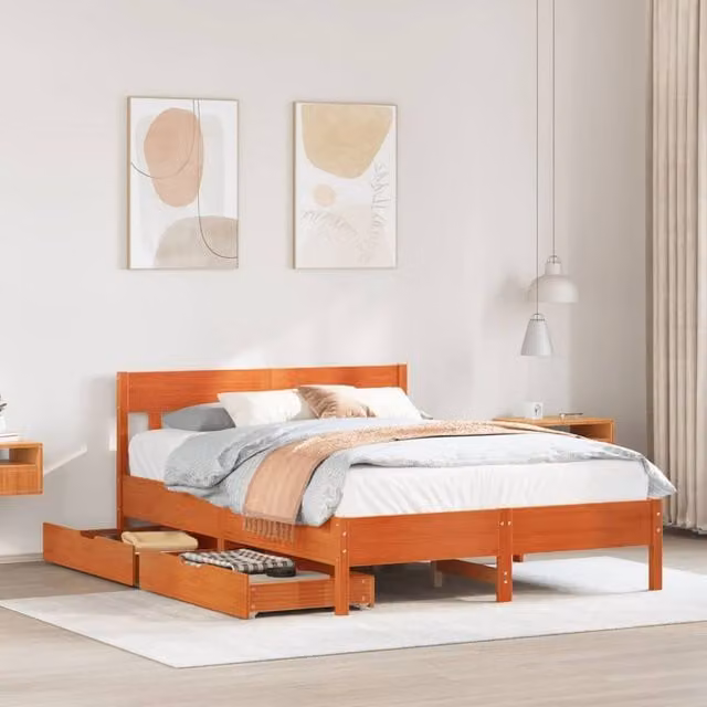 Berkfield Home Wax Brown Solid Wood Pine Bed Frame with Drawers W/D/H: 160 x 200 cm – 1