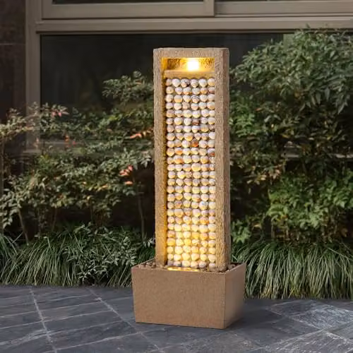 Teamson Home Garden Outdoor Water Feature Tall Cascade Waterfall Fountain with Warm LED Lights and Layered Rock Design in Brown and Beige – 2