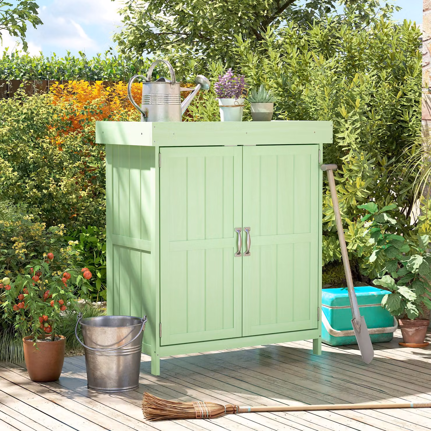 Outsunny Small Wooden Garden Shed with Double Doors, Removable Shelving and Roof Vent, Light Green, W: 74 cm, D: 43 cm, H: 88 cm – 4