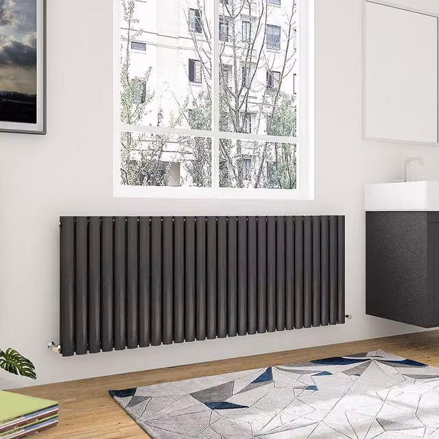 AicaBathroom Horizontal Oval Column Double Radiator in Black, W: 60.0 cm, H: 159.3 cm