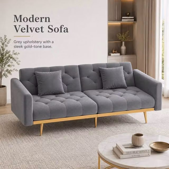 STILVORA 2-Seater Grey Velvet Upholstered Sofa with Adjustable Headrest and Solid Wood Frame