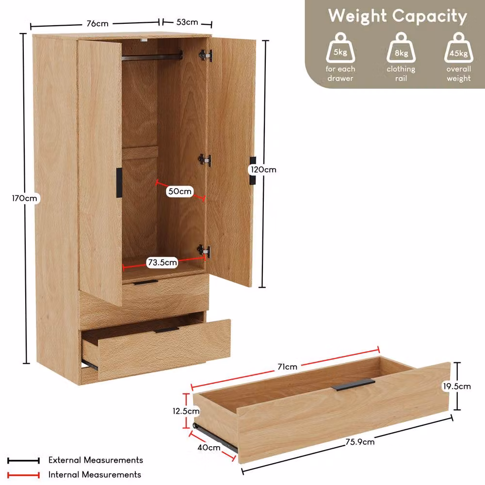 HD Designs Trega 2 Door 2 Drawer Wardrobe in Brown with Hanging Rail and Internal Shelves, H 170 cm x W 76 cm – 2