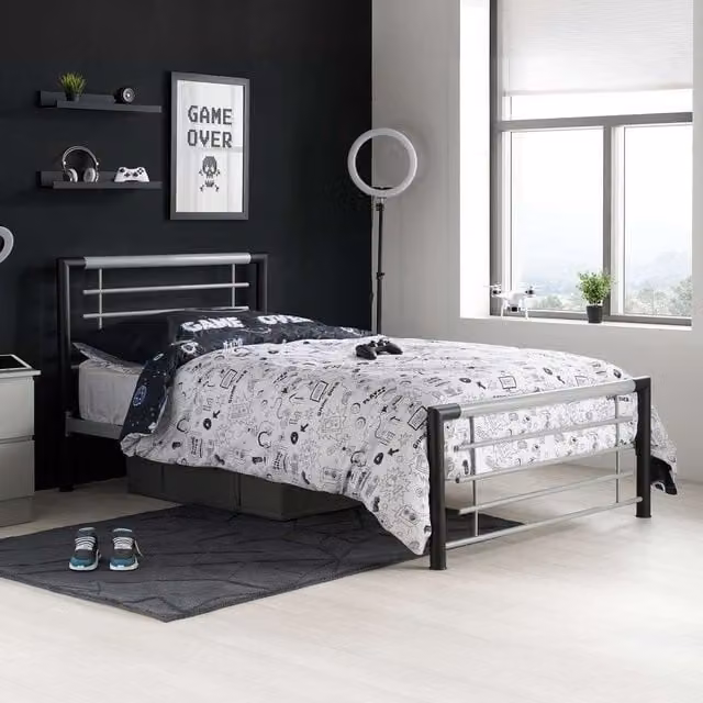 Birlea Faro Single Bed in Grey Fabric with Metal Frame, W/D/H: 90 x 190 cm