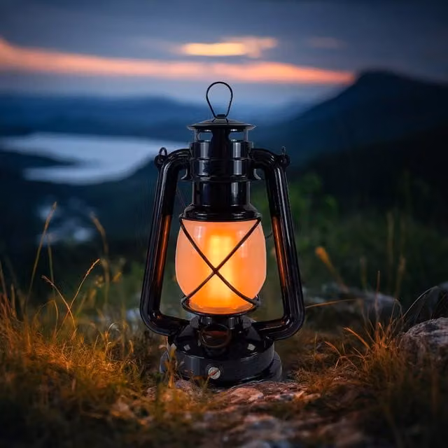 INMTFEI Vintage Rechargeable LED Hurricane Lantern, Dimmable Warm White Tabletop Camping Lamp in Black and Bronze – 1