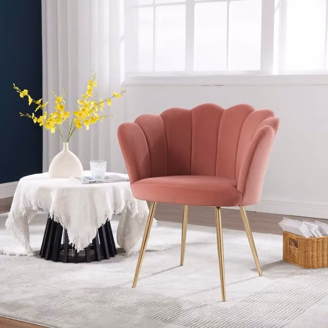 Home Source Pink Boucle Fabric Scallop Shell Wing Back Armchair with Gold Legs – 1