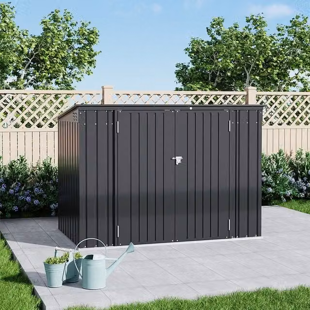 Lifeideas Metal Garden Storage Shed with Hinged Lid and Double Doors, Charcoal Black, W/D/H: 201.17 x 106.68 x 201.17 cm