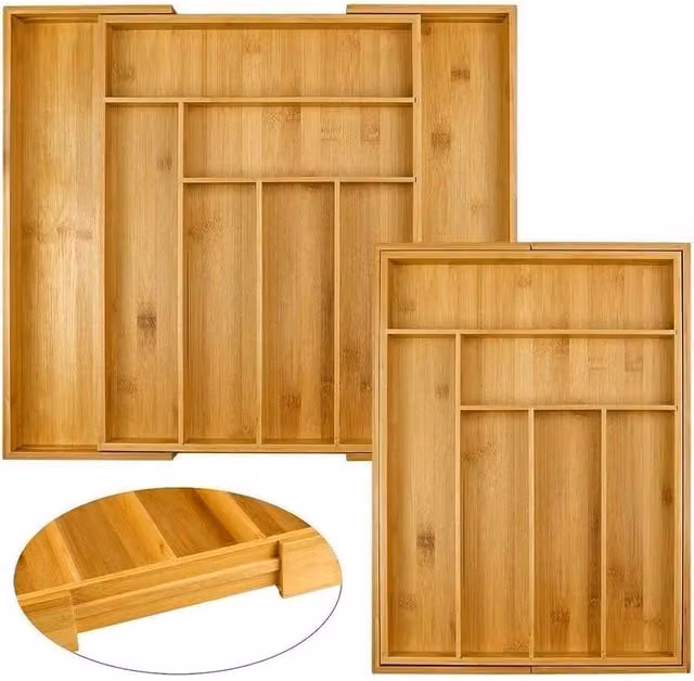 NESTLUNE Large Extendable Bamboo Cutlery Tray with 6-8 Compartments in Brown