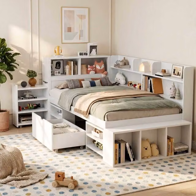 STILVORA Childrens Double Bed with Drawers and Storage in White, W/D/H: 140 x 200 cm – 1