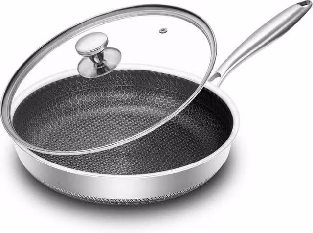 FLAVORA Stainless Steel Induction Geo Hex Frying Pan with Lid, Silver, Diameter: 30 cm – 1