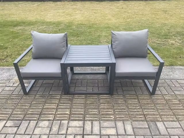 Fimous 3 Piece Powder Coated Aluminium Garden Furniture Set in Grey with Lounge Armchair, Coffee Table and Weather Resistant Cushions