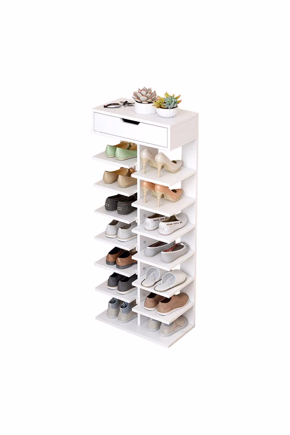 ExtraStar 8-Tier Wooden Shoe Rack with Drawer and Top Shelf in White – 2