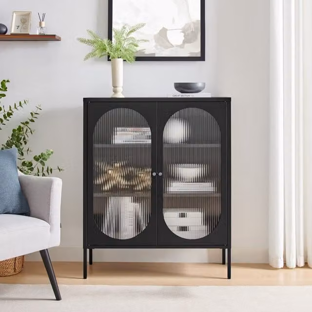 FurnitureboxUK Urbi Medium Industrial Metal Cabinet with Glass Doors in Black and Gold