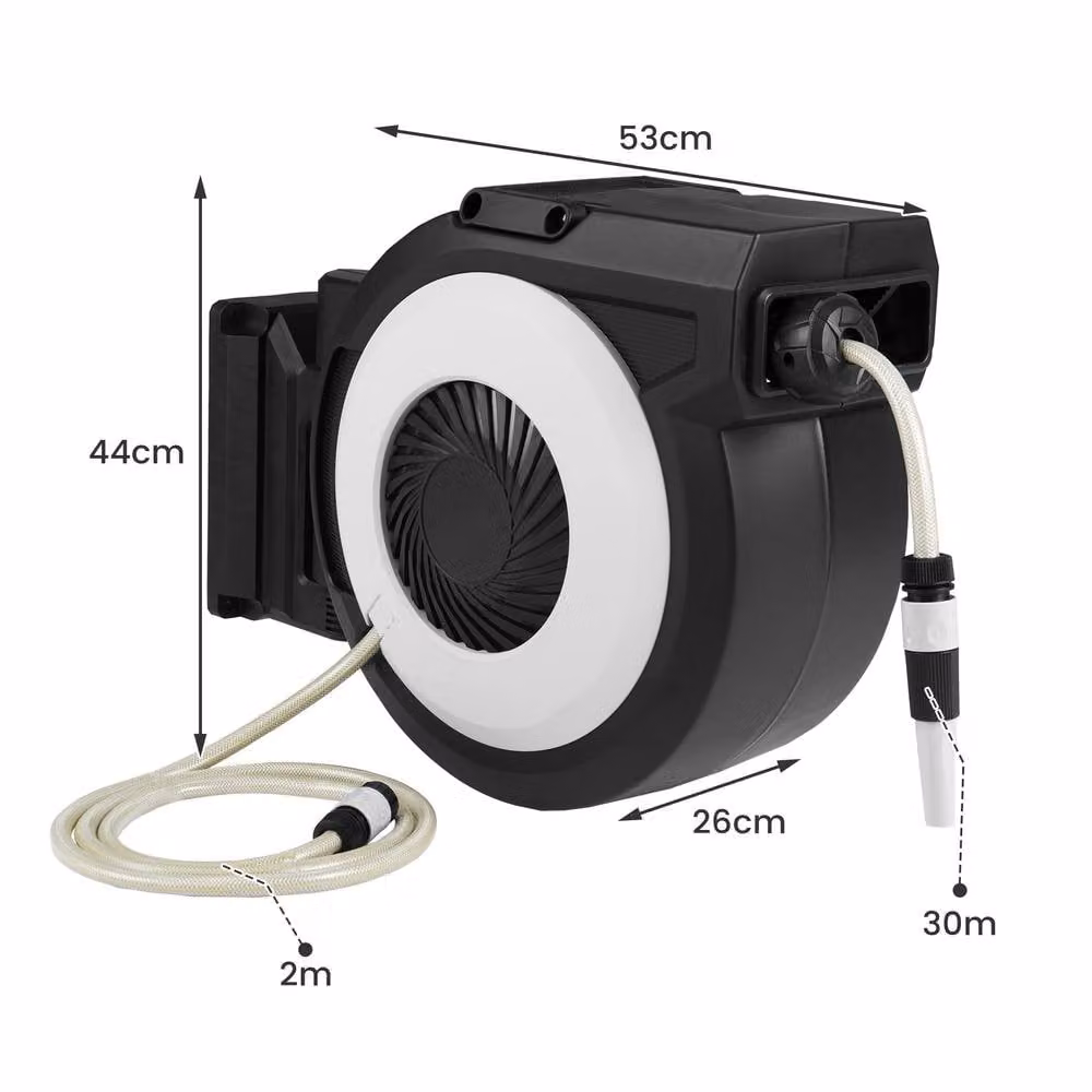 Costway Retractable Wall-Mounted Garden Hose Reel in Black with 30 m Hose and 2 m Lead-in Hose – 2