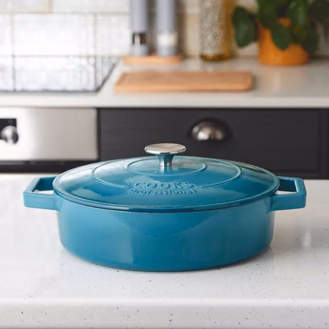 Cooks Professional Cast Iron Casserole Dish, 28 cm, Petrol or Black