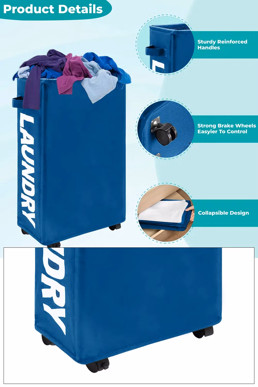 Neel Blue Collapsible Rolling Laundry Basket with Wheels, 38L, Navy, W: 40 cm, D: 18 cm, H: 53 cm – 3