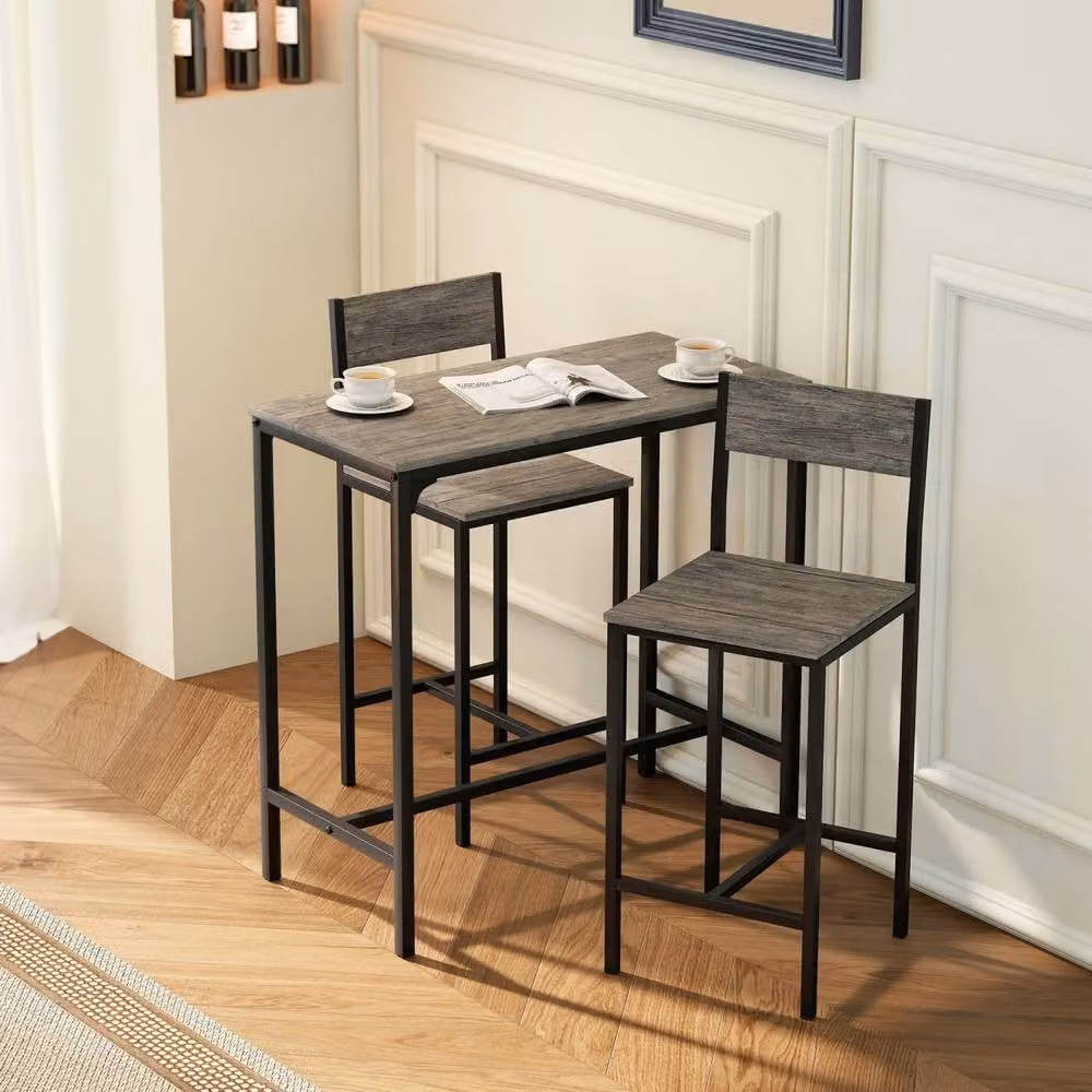 Wyld Haus Novero 3 Piece Industrial Breakfast Bar Set with 2 Stools in Grey and Black – 3
