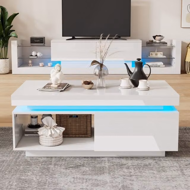 Aosom.UK High Gloss LED Sofa Table with Remote-Controlled Lighting, Modern White Coffee Table with Drawer and Open Display Shelf, W: 50 cm, D: 50 cm, H: 40 cm