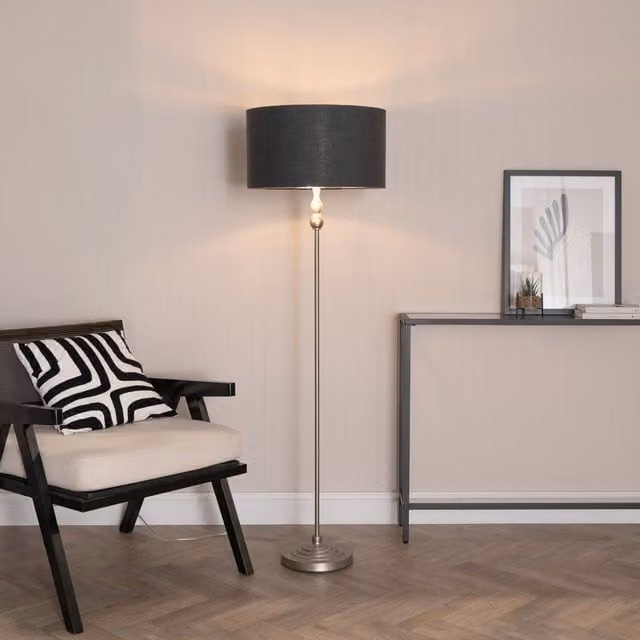 ValueLights Maggie Chrome Candlestick Floor Lamp with Anthracite Fabric Shade and LED Bulb – 1