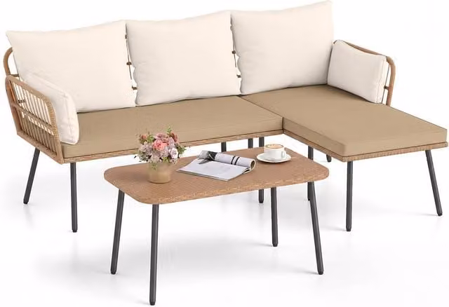 Costway 3-Piece Rattan Patio Sectional Sofa and Coffee Table Set in Brown – 1